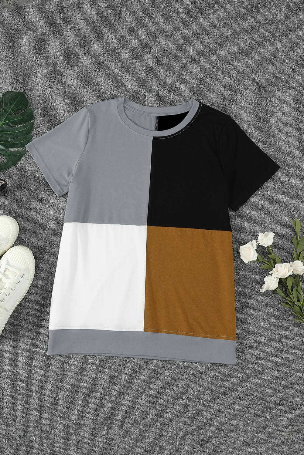 Brown Colorblock T-shirt featuring stylish side slits and a relaxed fit, perfect for casual wear.
