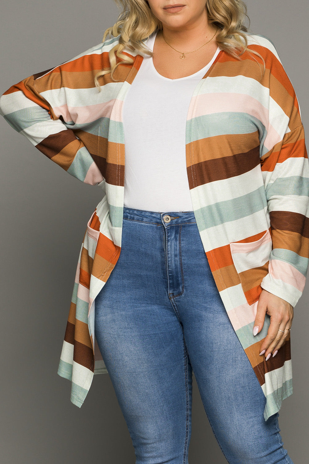 Brown stripe print open front plus size cardigan with pockets, showcasing a stylish design and lightweight knit fabric.