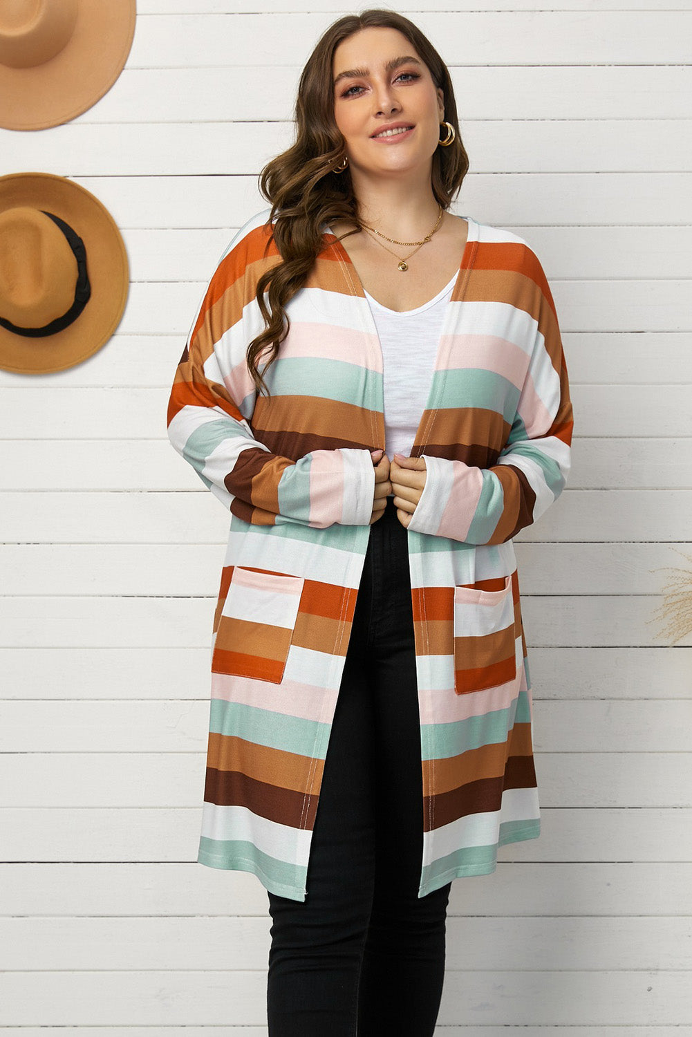 Brown stripe print open front plus size cardigan with pockets, showcasing a stylish design and lightweight knit fabric.