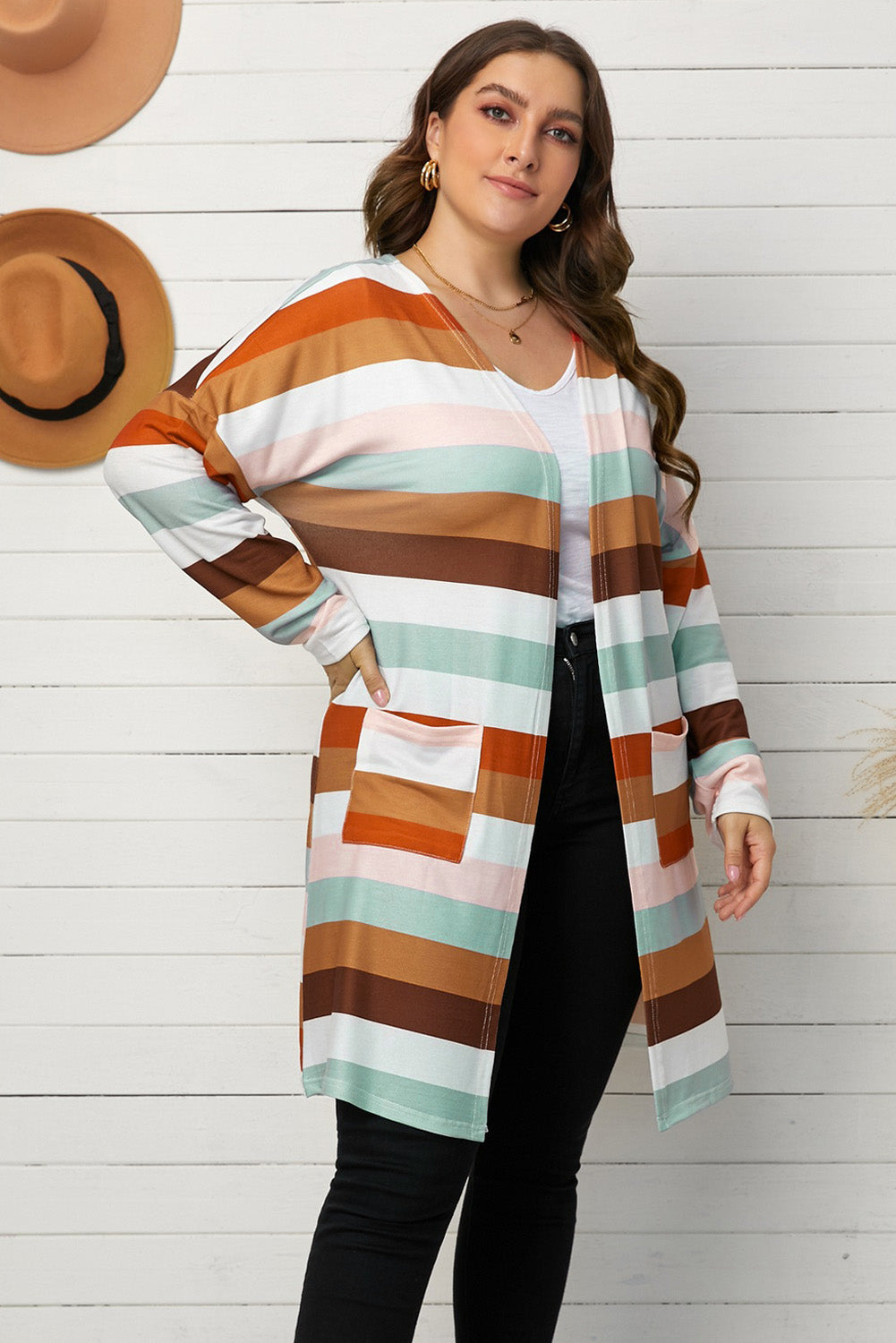Brown stripe print open front plus size cardigan with pockets, showcasing a stylish design and lightweight knit fabric.