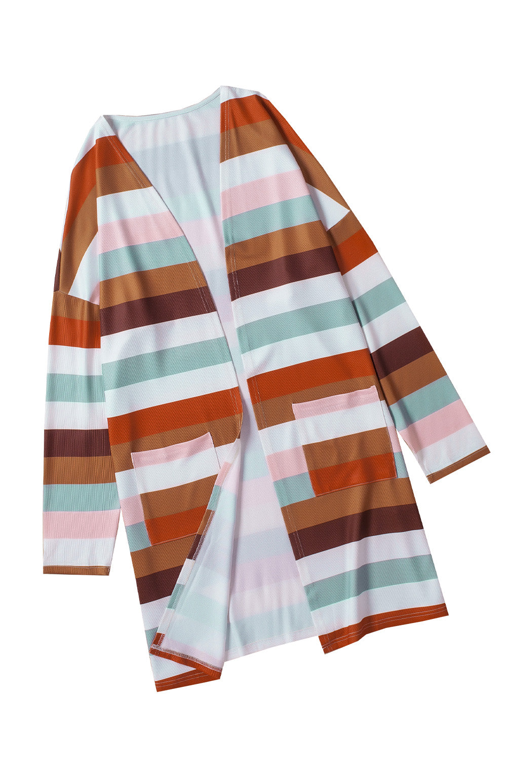 Brown stripe print open front plus size cardigan with pockets, showcasing a stylish design and lightweight knit fabric.