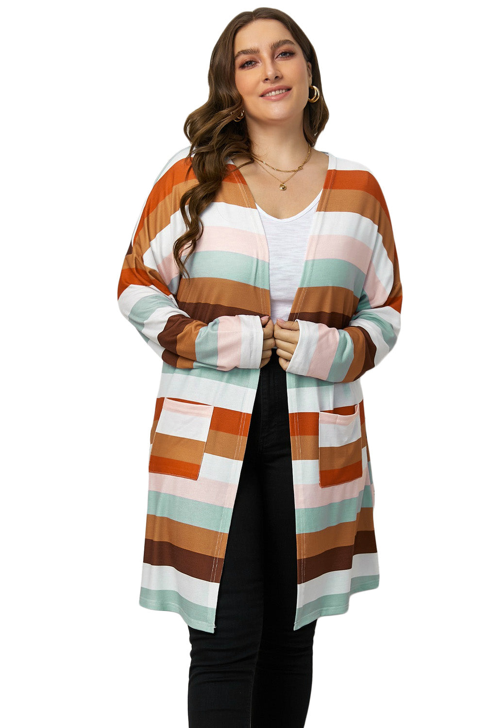 Brown stripe print open front plus size cardigan with pockets, showcasing a stylish design and lightweight knit fabric.