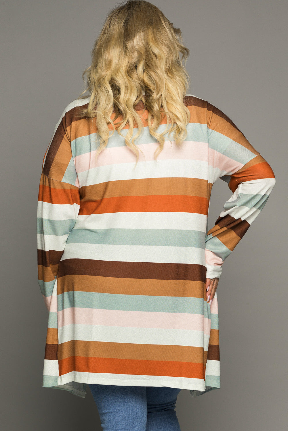 Brown stripe print open front plus size cardigan with pockets, showcasing a stylish design and lightweight knit fabric.