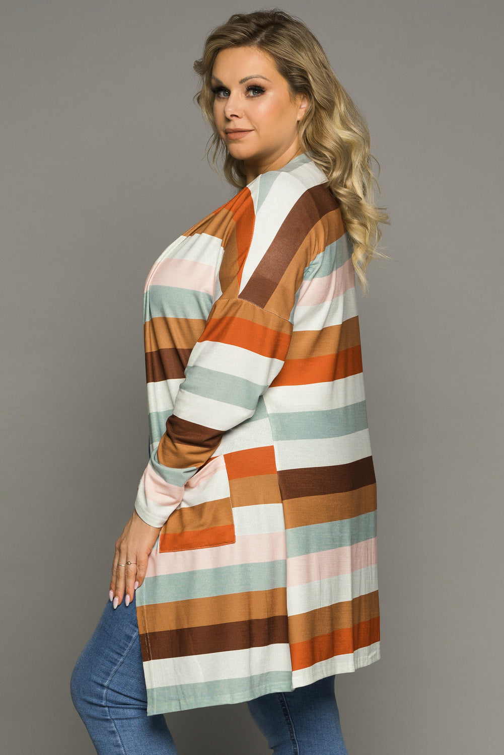 Brown stripe print open front plus size cardigan with pockets, showcasing a stylish design and lightweight knit fabric.