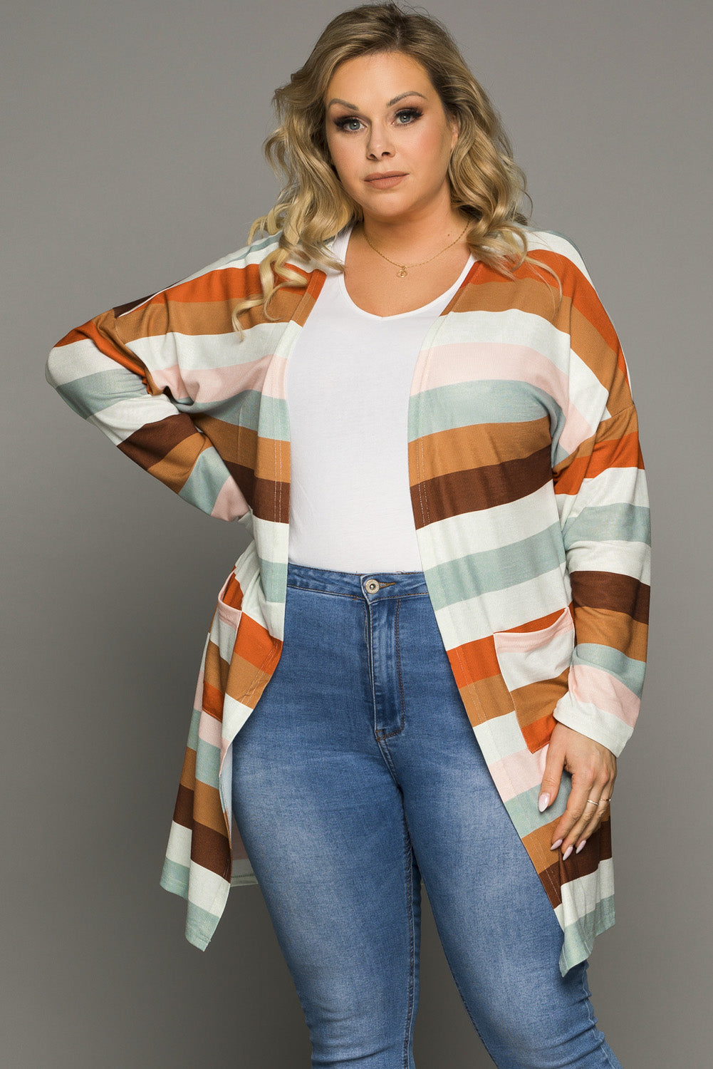 Brown stripe print open front plus size cardigan with pockets, showcasing a stylish design and lightweight knit fabric.