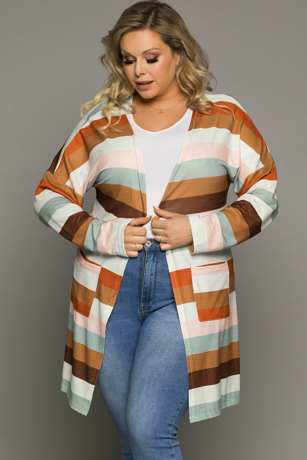 Brown stripe print open front plus size cardigan with pockets, showcasing a stylish design and lightweight knit fabric.