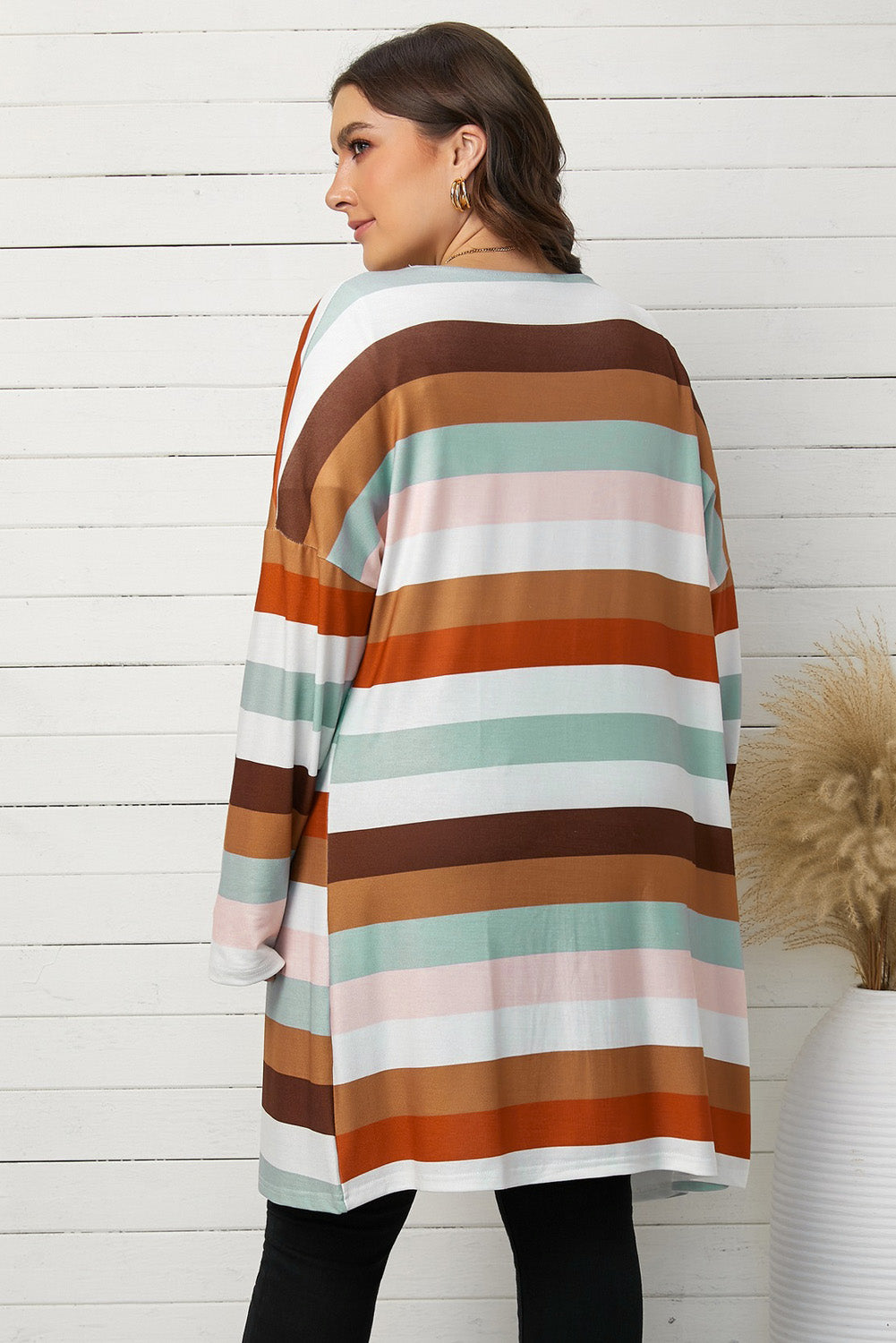Brown stripe print open front plus size cardigan with pockets, showcasing a stylish design and lightweight knit fabric.