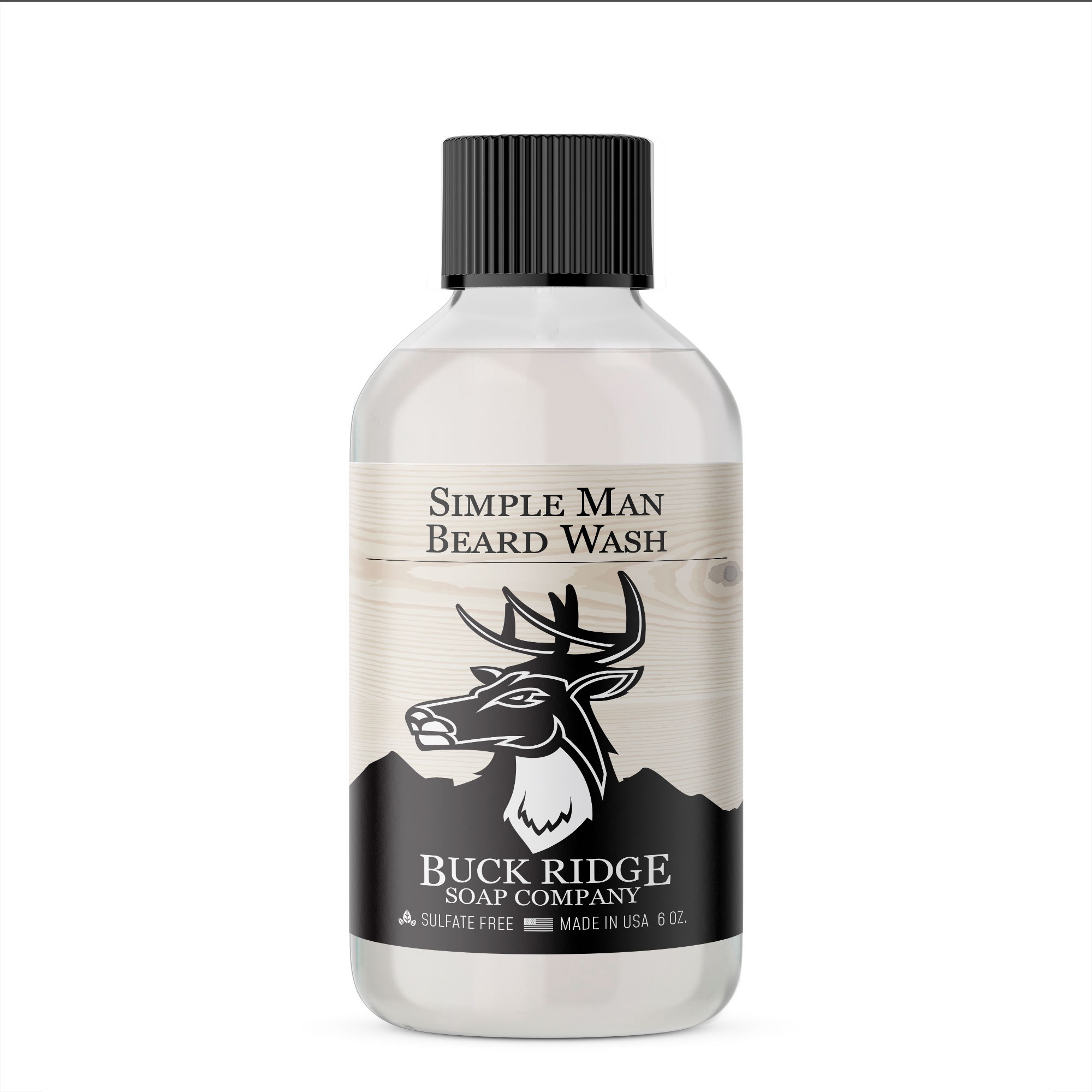 Buck Ridge Simple Man Beard Wash in a BPA-free bottle, showcasing its thick, unscented formula designed for beard care.