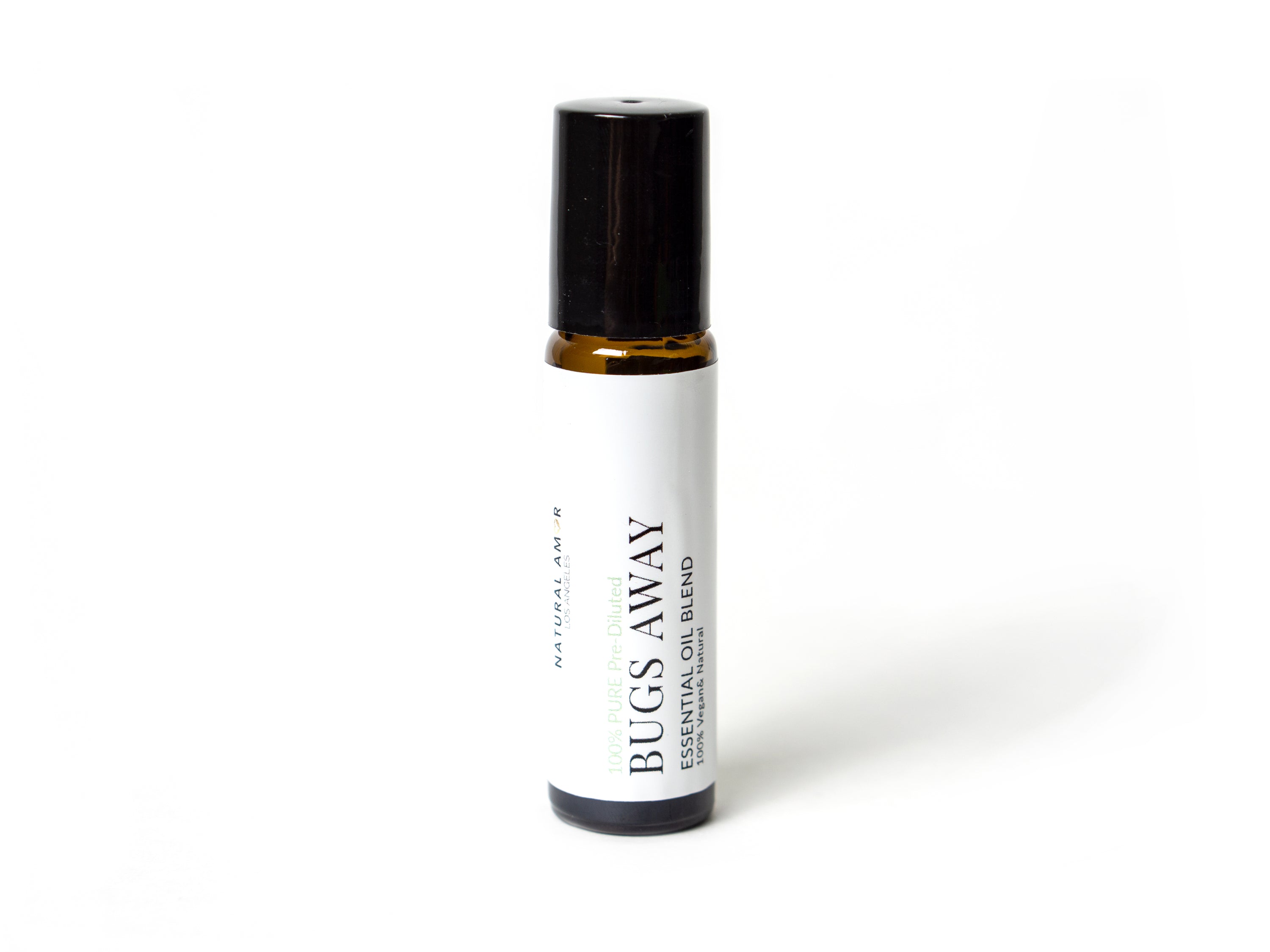 Bugs Away Roll On Essential Oil Blend in a 10 mL bottle with a stainless steel rollerball, featuring a refreshing lemony scent.