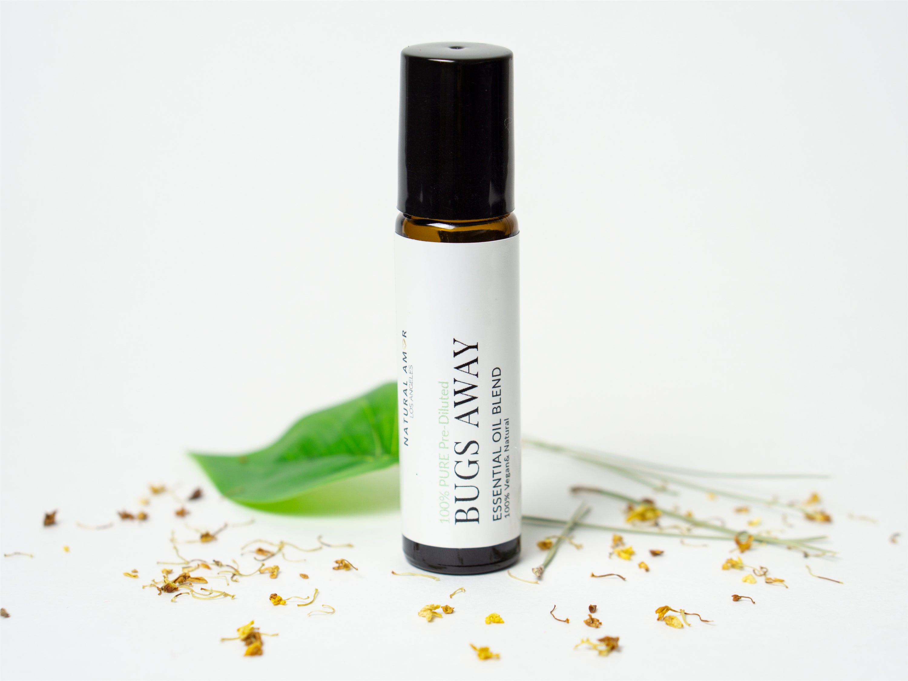 Bugs Away Roll On Essential Oil Blend in a 10 mL bottle with a stainless steel rollerball, featuring a refreshing lemony scent.