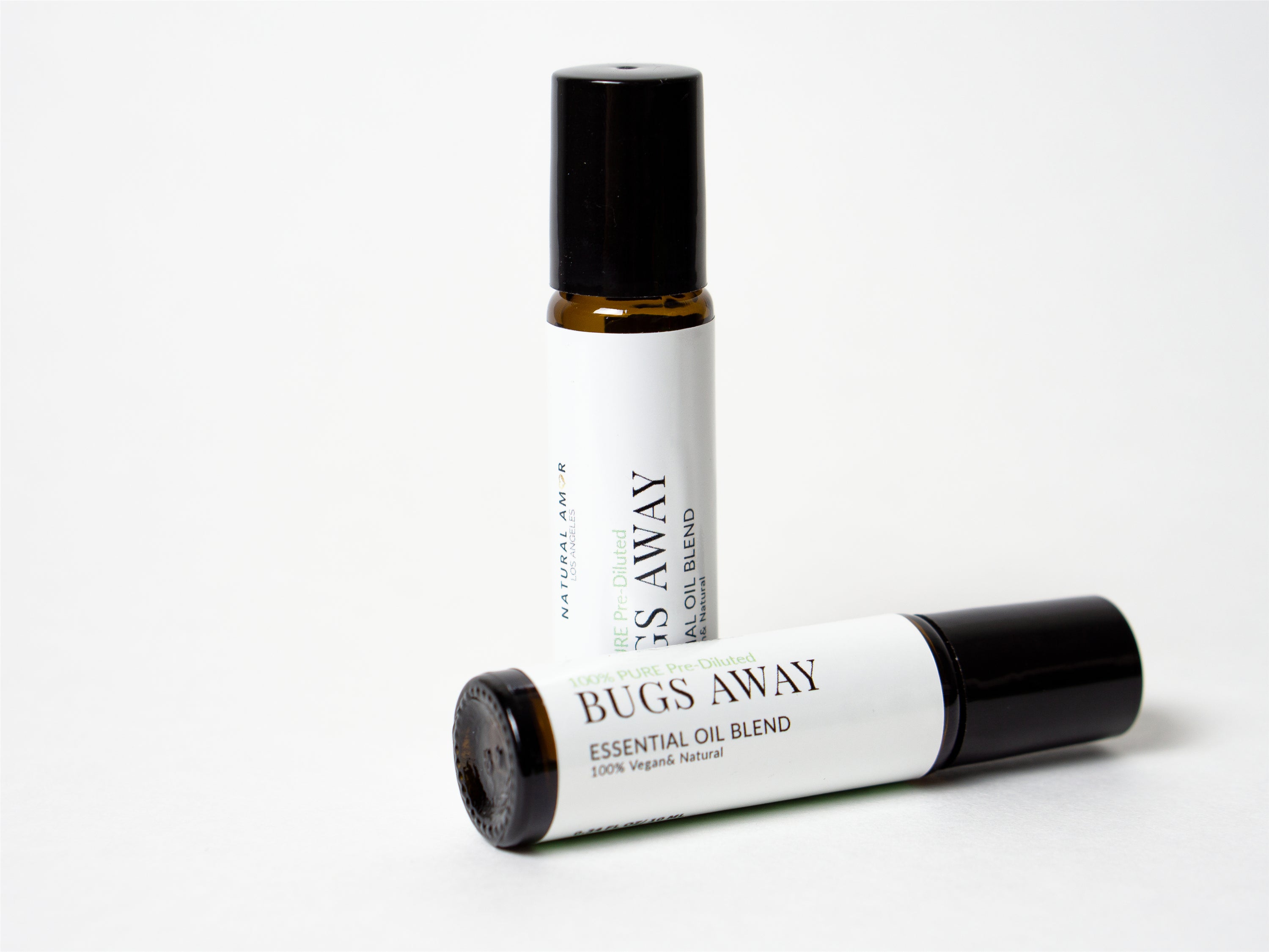 Bugs Away Roll On Essential Oil Blend in a 10 mL bottle with a stainless steel rollerball, featuring a refreshing lemony scent.