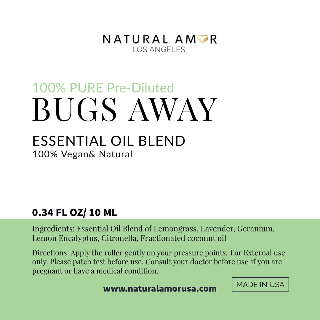 Bugs Away Roll On Essential Oil Blend in a 10 mL bottle with a stainless steel rollerball, featuring a refreshing lemony scent.