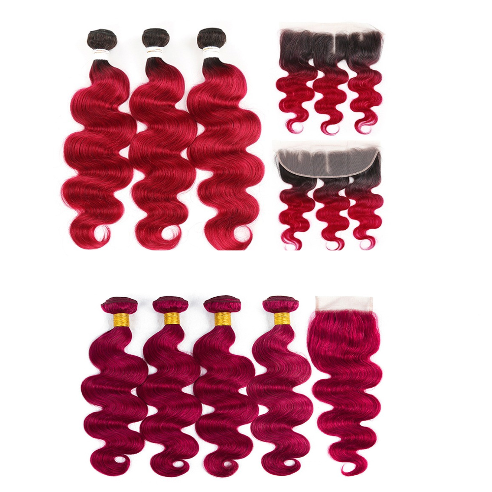 Burgundy 10A Grade Body Wave hair bundles with closures and frontals, showcasing rich color and luxurious texture.