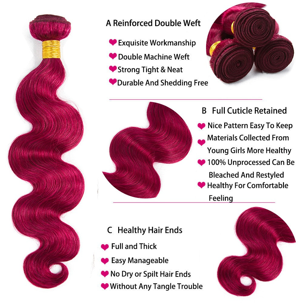Burgundy 10A Grade Body Wave hair bundles with closures and frontals, showcasing rich color and luxurious texture.