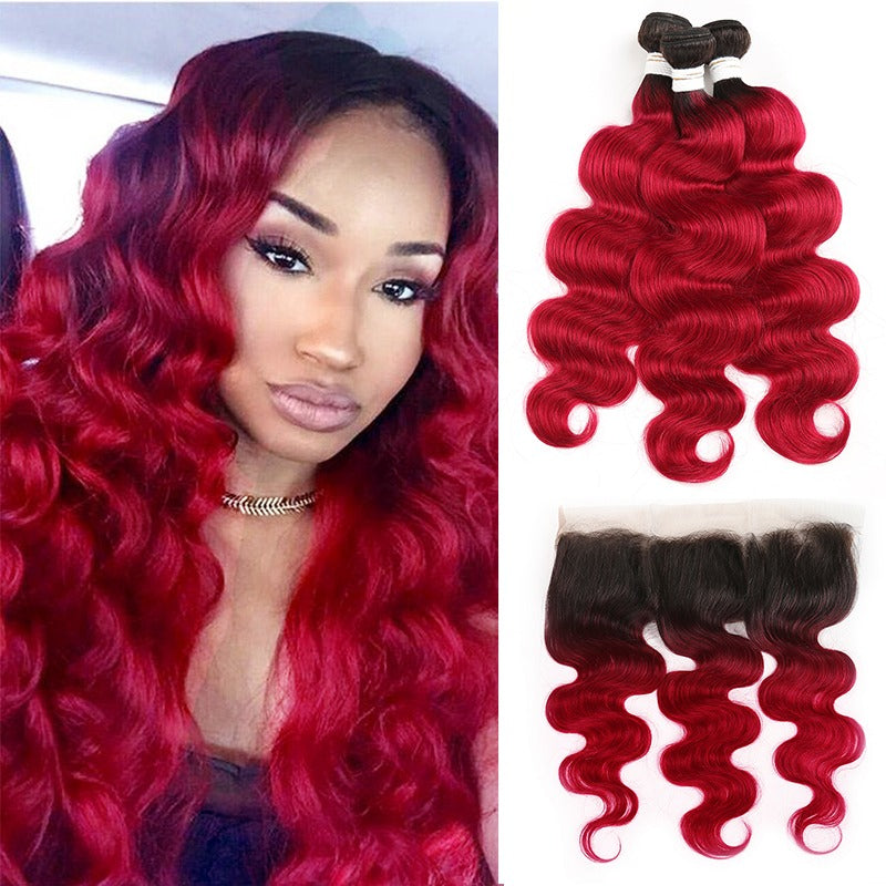 Burgundy 10A Grade Body Wave hair bundles with closures and frontals, showcasing rich color and luxurious texture.