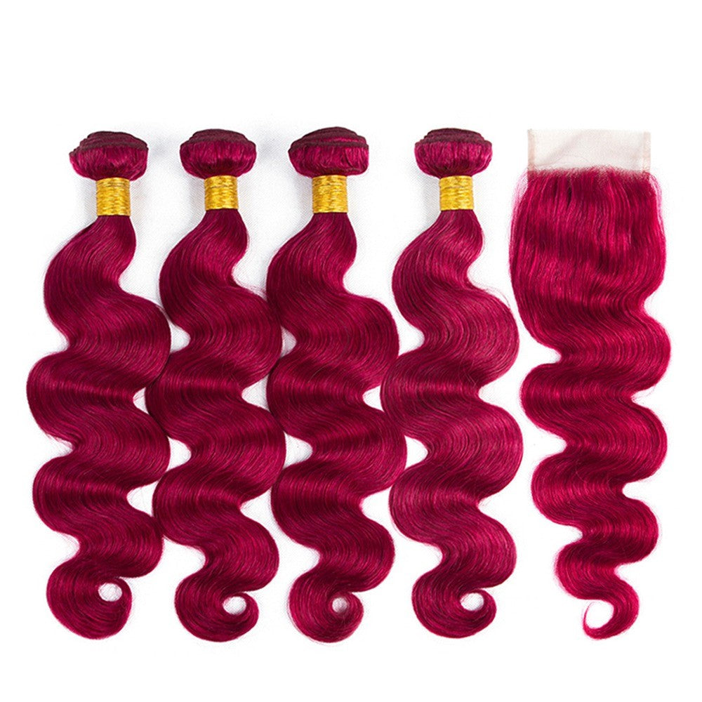 Burgundy 10A Grade Body Wave hair bundles with closures and frontals, showcasing rich color and luxurious texture.
