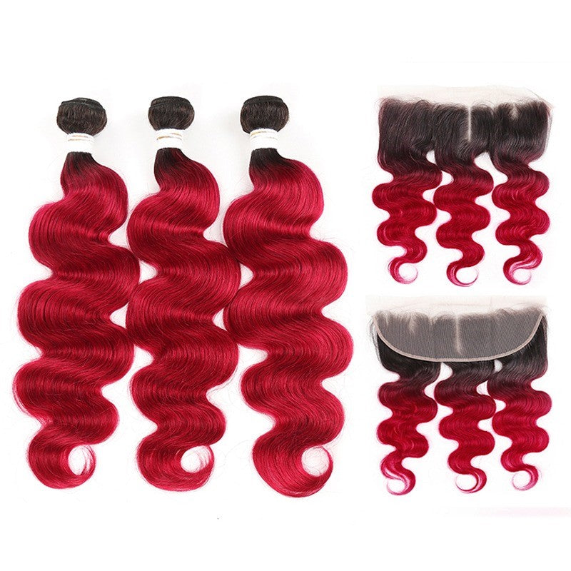 Burgundy 10A Grade Body Wave hair bundles with closures and frontals, showcasing rich color and luxurious texture.