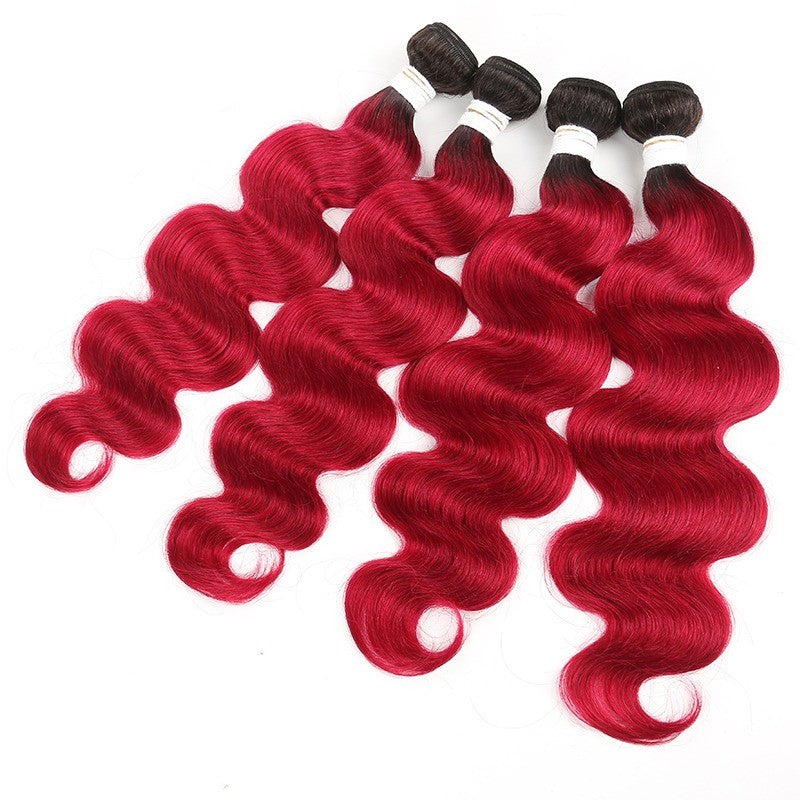 Burgundy 10A Grade Body Wave hair bundles with closures and frontals, showcasing rich color and luxurious texture.
