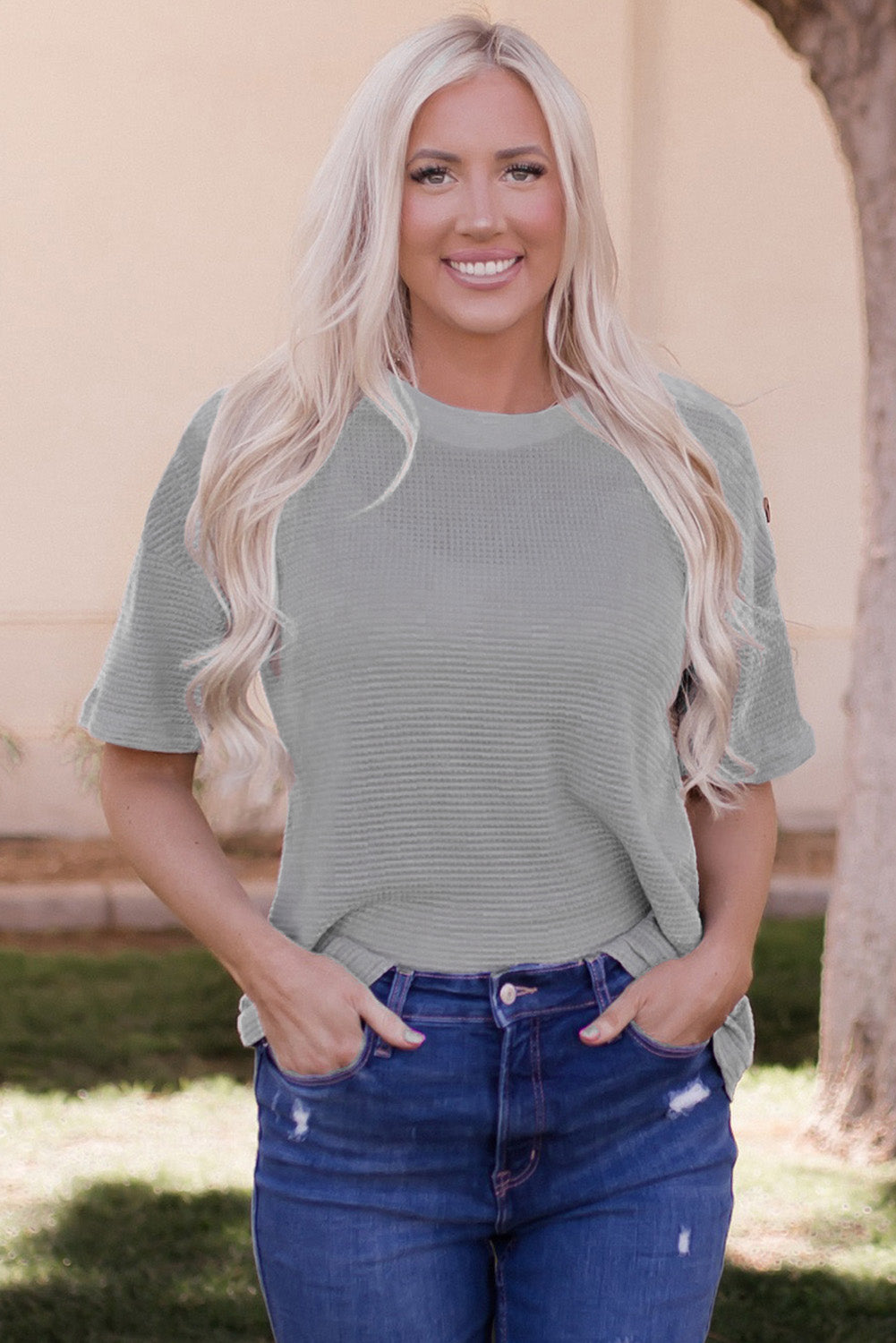 Buttons Short Sleeve Crew Neck Waffle Knit Top in soft fabric with trendy shoulder buttons, perfect for casual wear.