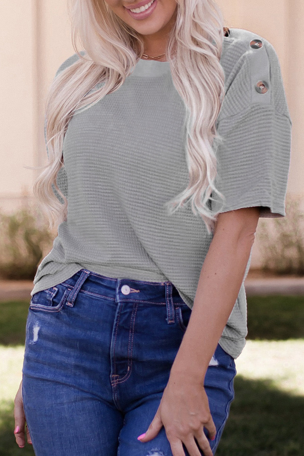 Buttons Short Sleeve Crew Neck Waffle Knit Top in soft fabric with trendy shoulder buttons, perfect for casual wear.