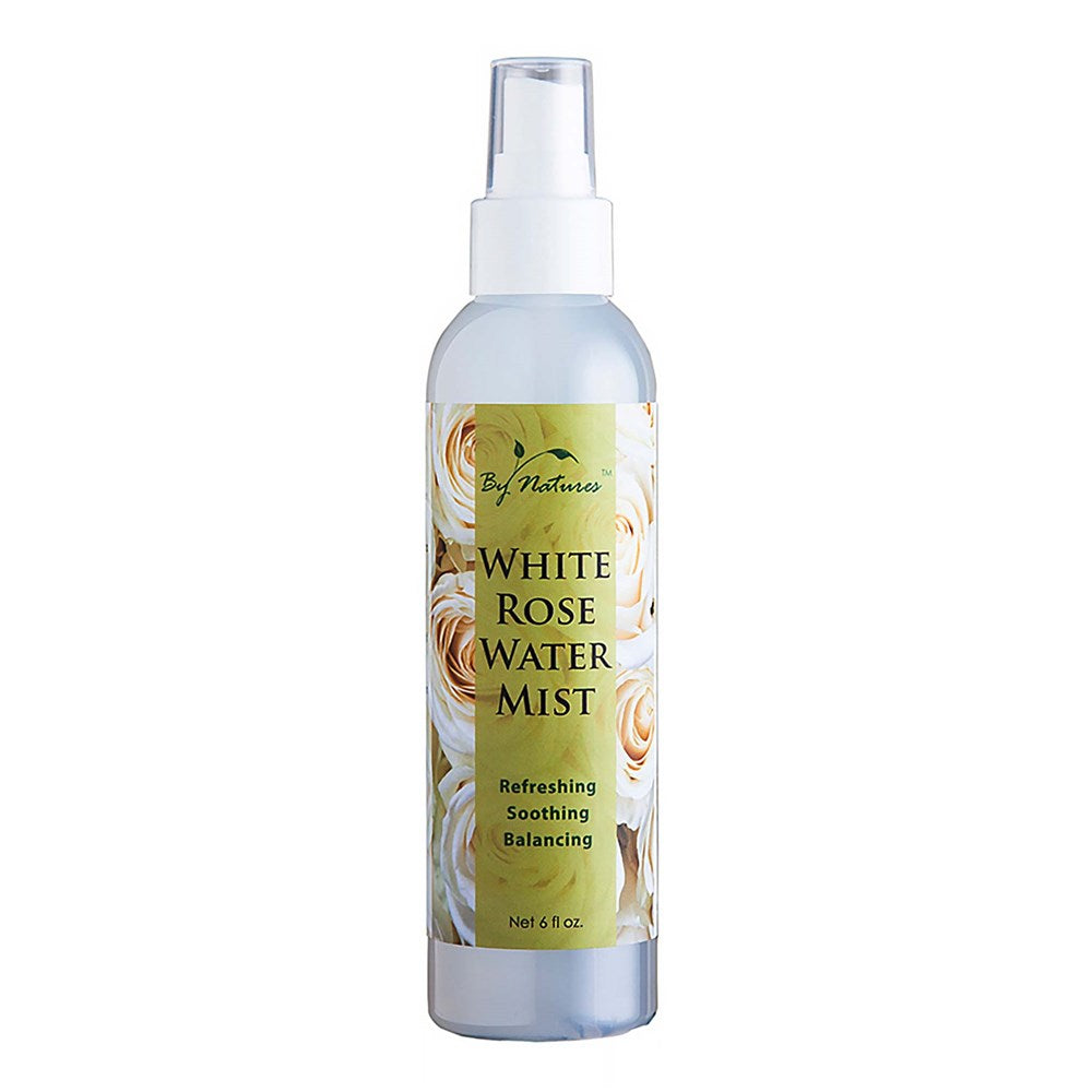 A 6oz bottle of BY NATURES White Rose Water Mist with a floral design, showcasing its organic ingredients and refreshing properties.