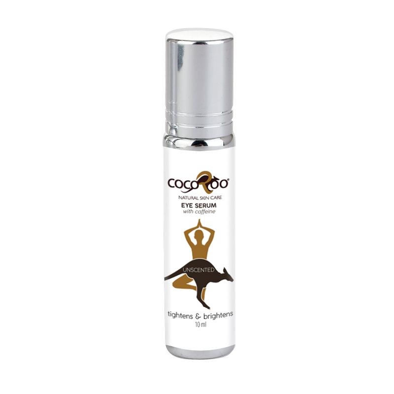 Caffeine Eye Serum in a 10 ml rollerball bottle, featuring a sleek design and unscented formula for sensitive skin.