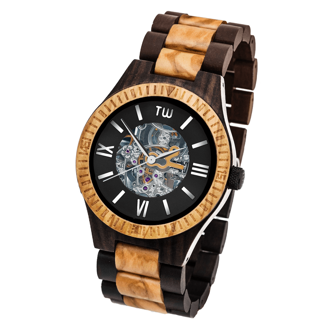 Caliber Luxury Watch for Men featuring a skeleton dial and wooden link band, showcasing craftsmanship and elegance.