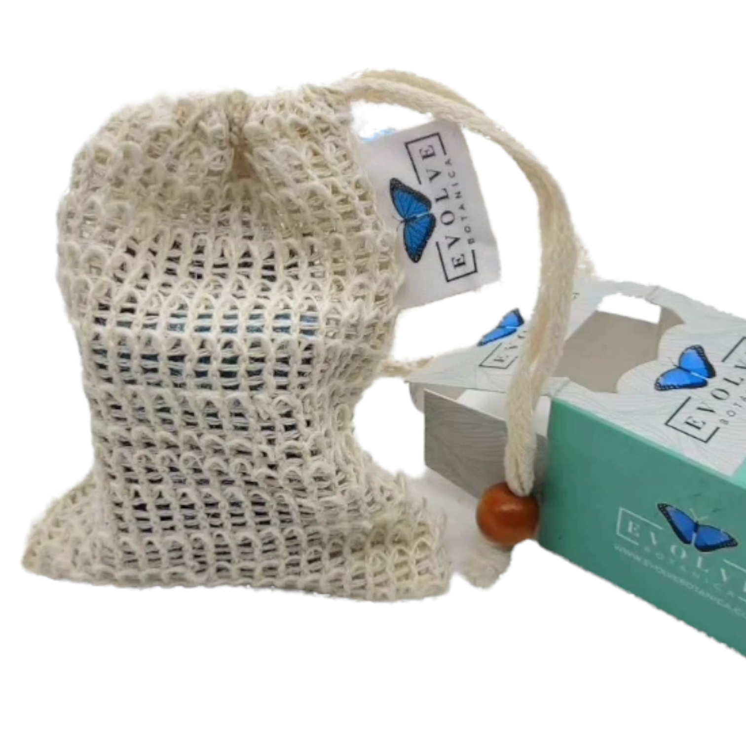 Cambric Exfoliating Soap Saver Mitts in natural fiber, showcasing drawstring closure and texture.