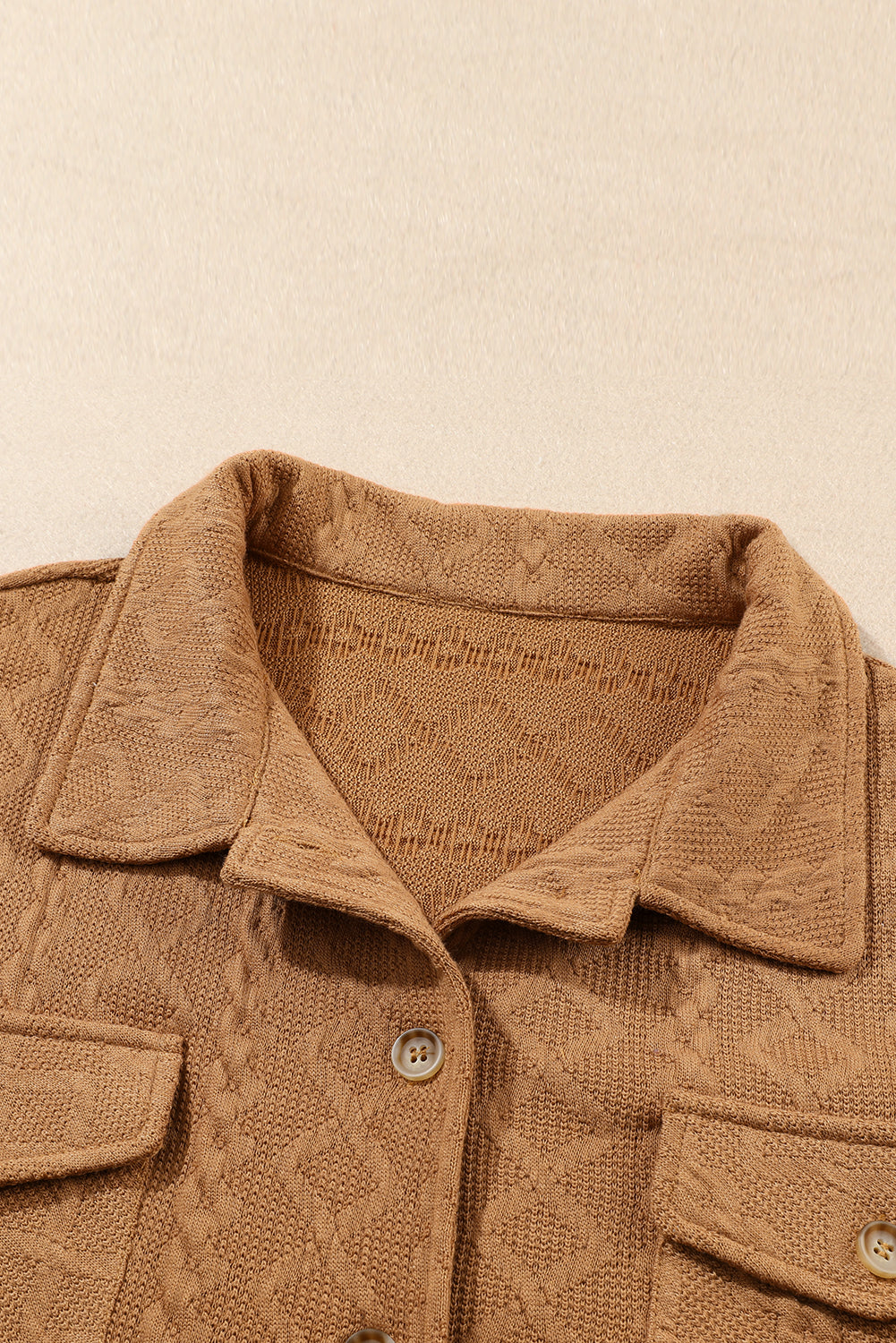 Camel Cable Knit Flap Pocket Shacket featuring a cozy cable knit design and flap pockets, perfect for layering in colder seasons.