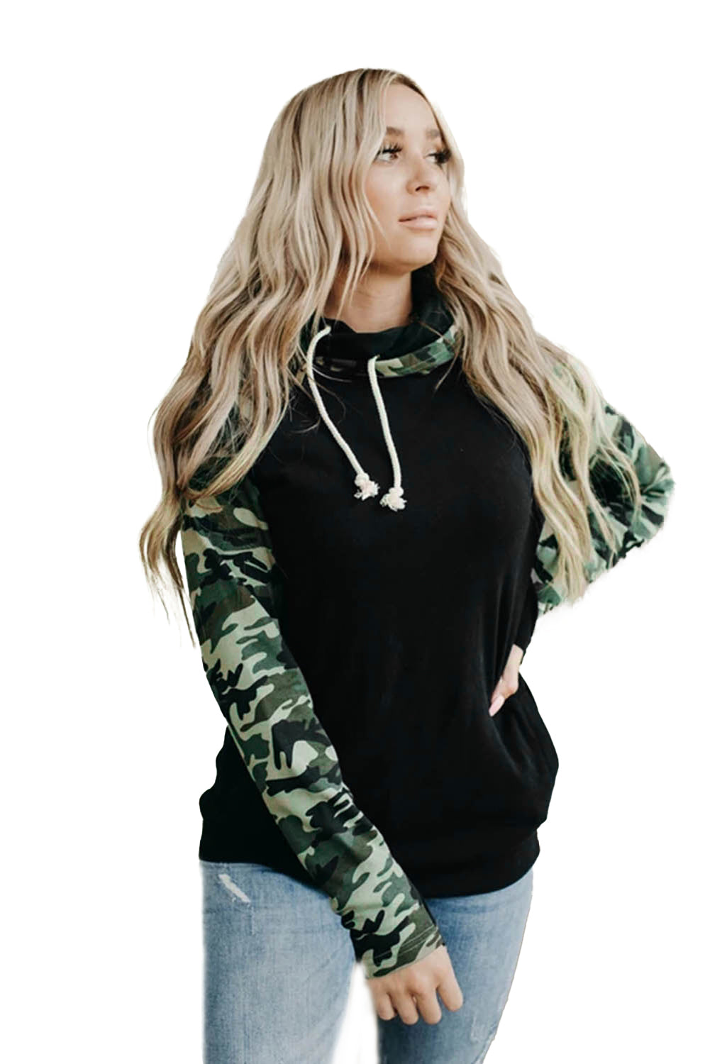 A stylish camouflage print raglan sleeve hoodie featuring a double hood and thumb holes, perfect for modern ladies in fall.