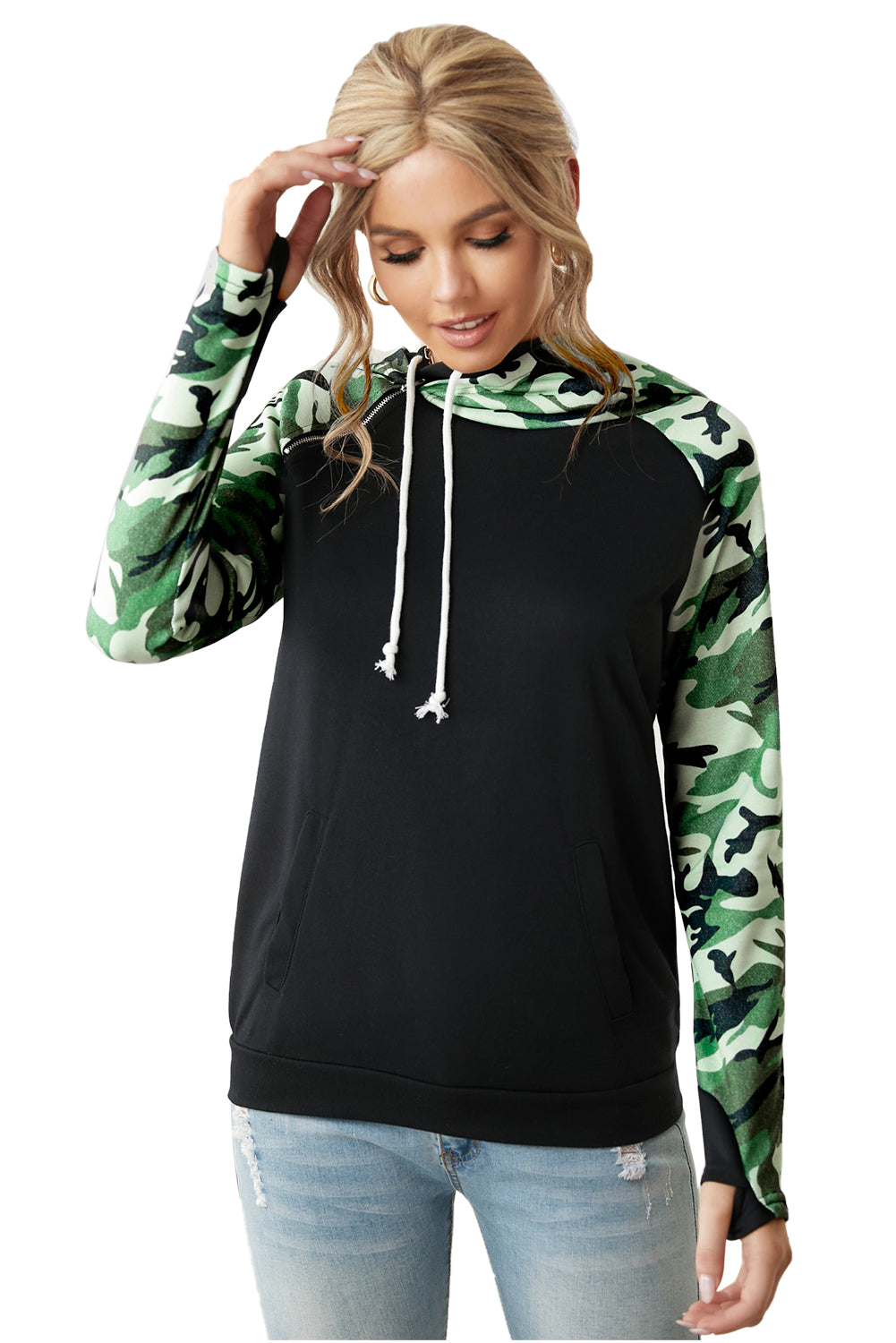 A stylish camouflage print raglan sleeve hoodie featuring a double hood and thumb holes, perfect for modern ladies in fall.