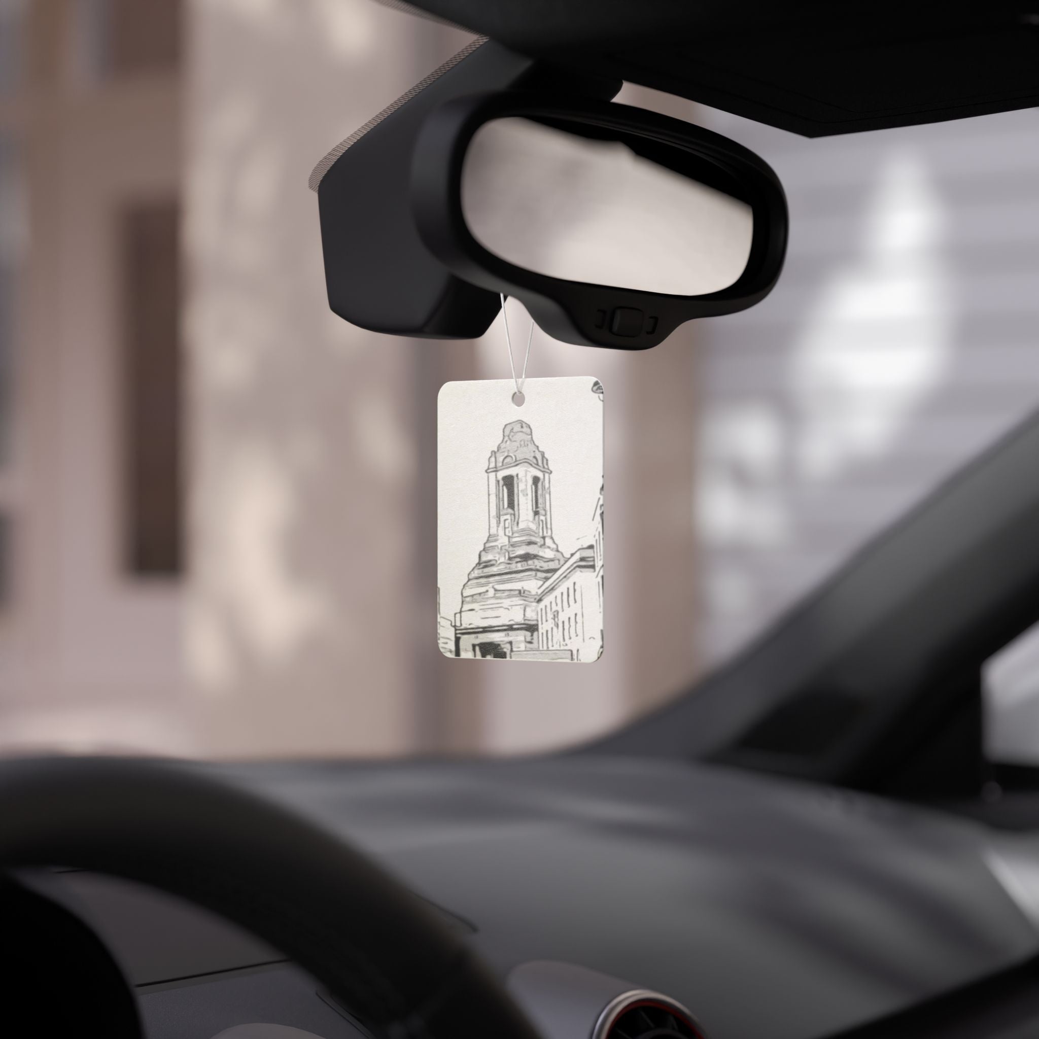 Car Air Freshener - 'A Grand Place' featuring stylish design and available in Pine, New Car, and Black Ice scents.