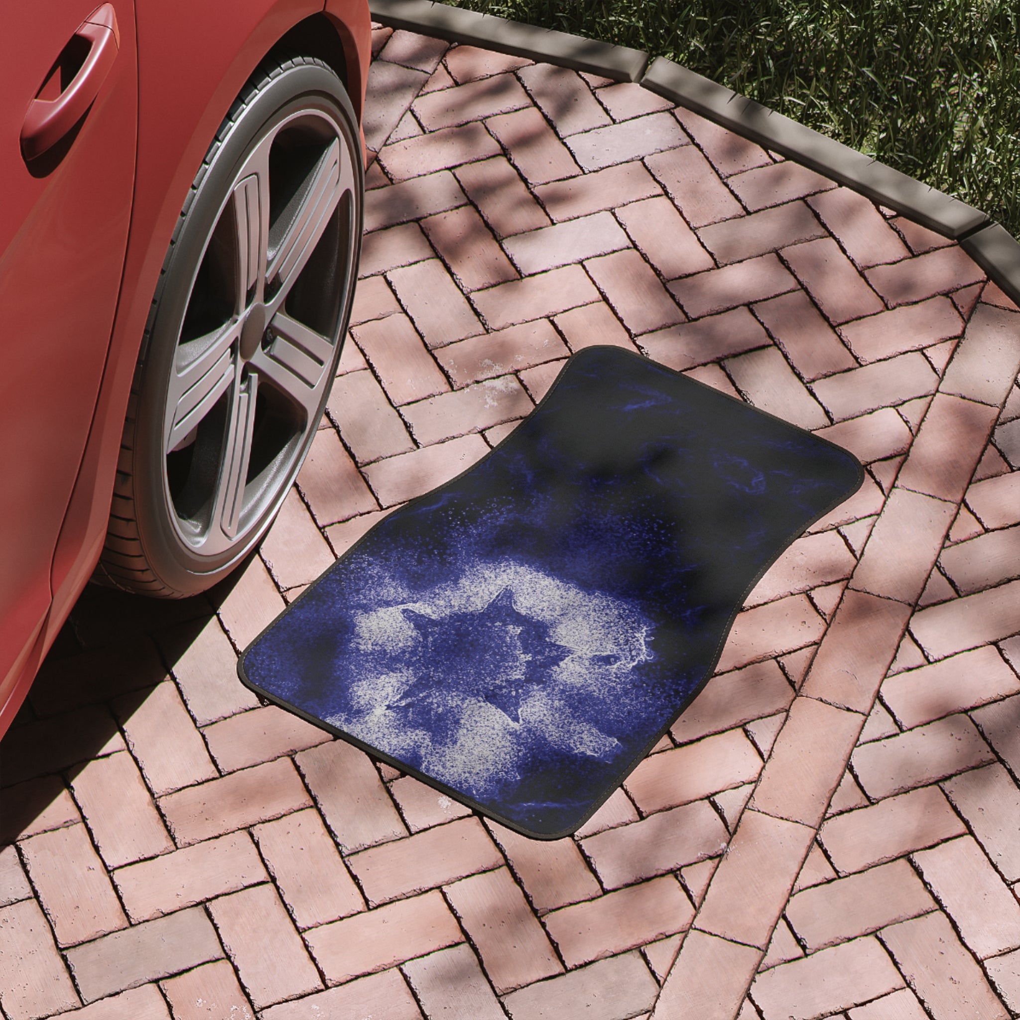 Purple car floor mat with durable polyester surface and non-skid rubber backing, designed for stylish vehicle interiors.