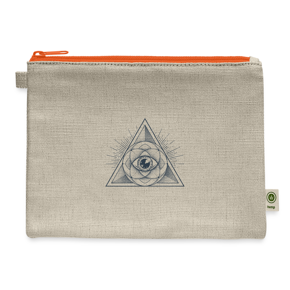 Eco-friendly Carry All Pouch made from hemp and cotton, featuring a contrast zipper and hemp flag tag.