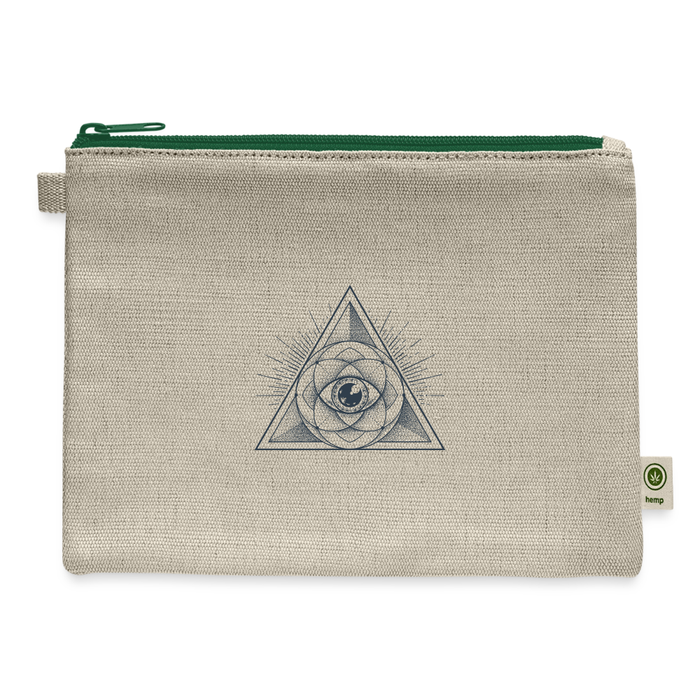 Eco-friendly Carry All Pouch made from hemp and cotton, featuring a contrast zipper and hemp flag tag.