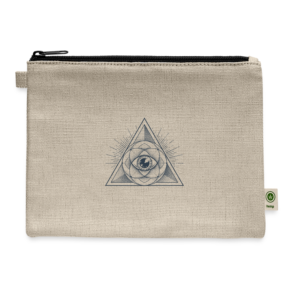 Eco-friendly Carry All Pouch made from hemp and cotton, featuring a contrast zipper and hemp flag tag.