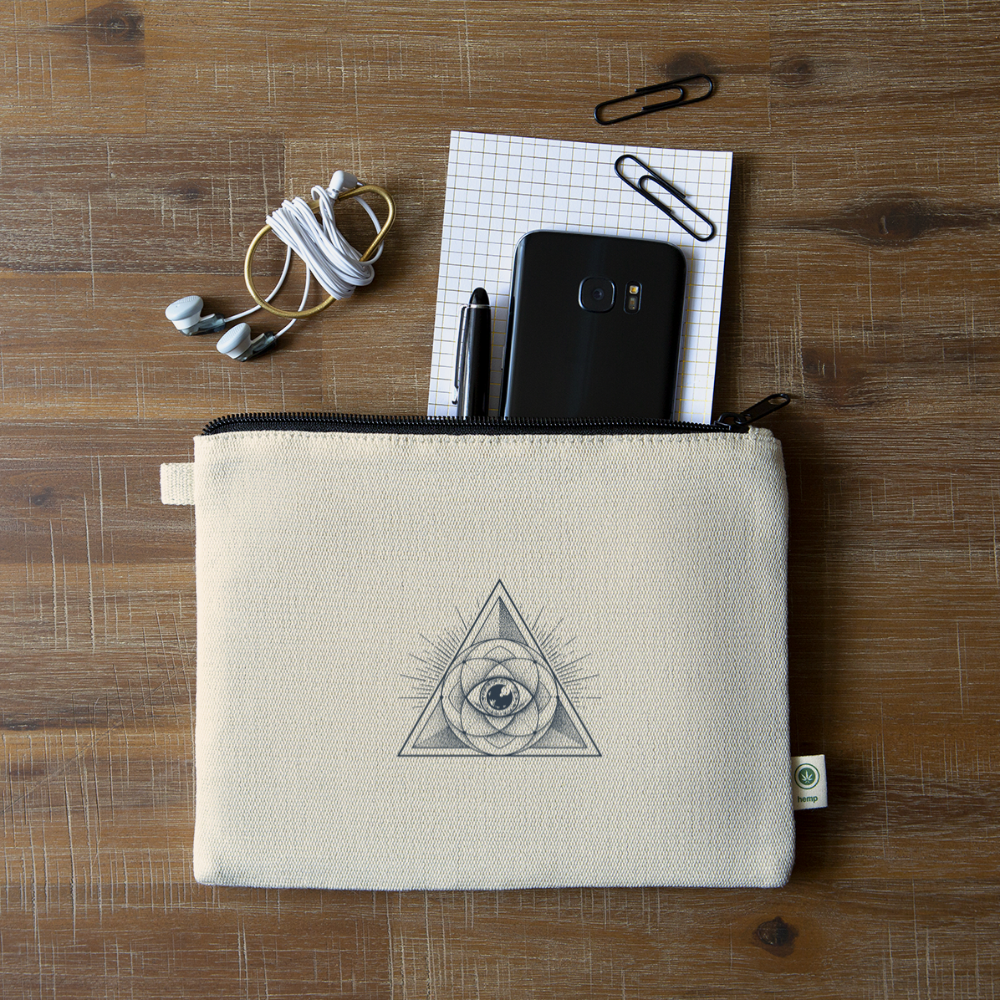 Eco-friendly Carry All Pouch made from hemp and cotton, featuring a contrast zipper and hemp flag tag.