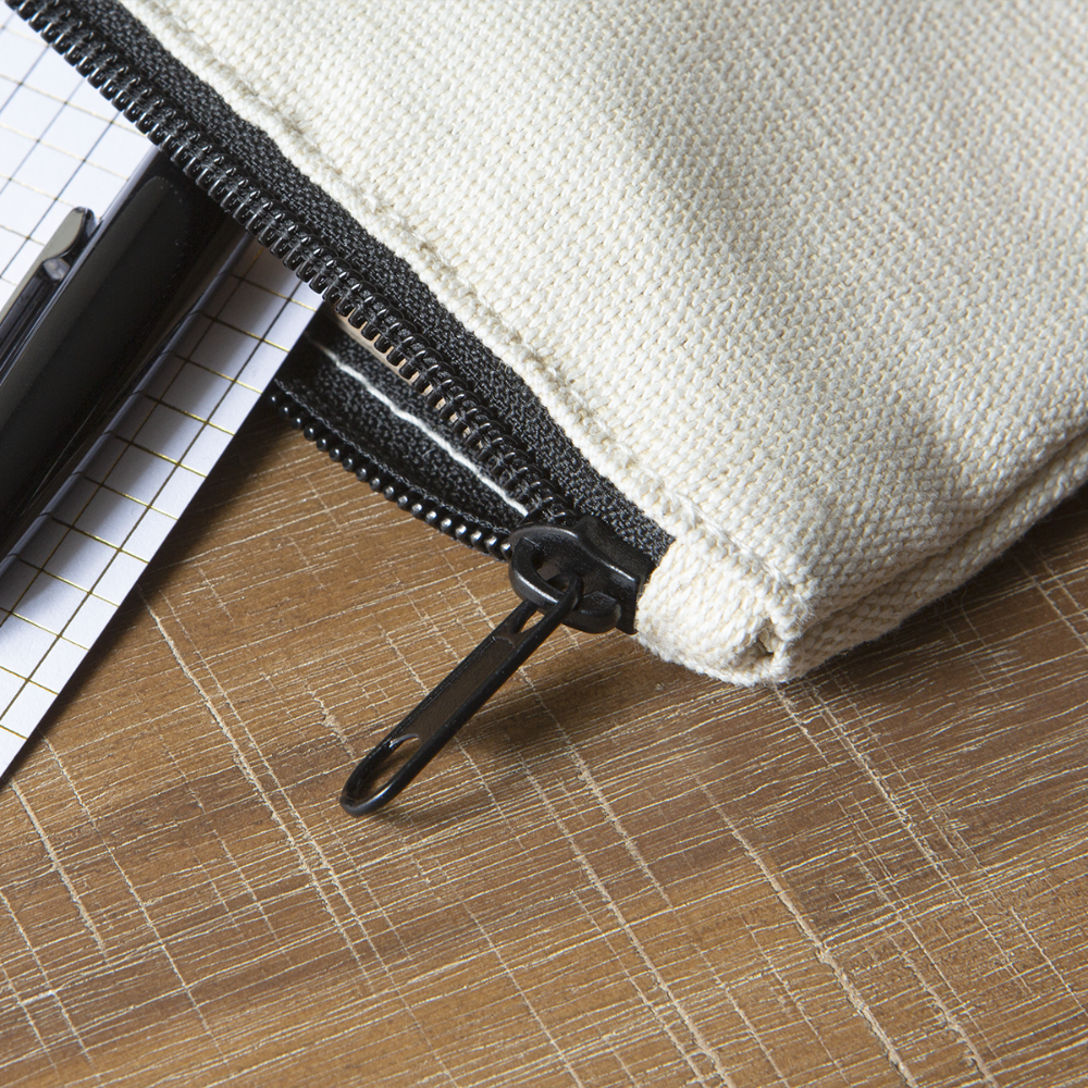 Eco-friendly Carry All Pouch made from hemp and cotton, featuring a contrast zipper and hemp flag tag.