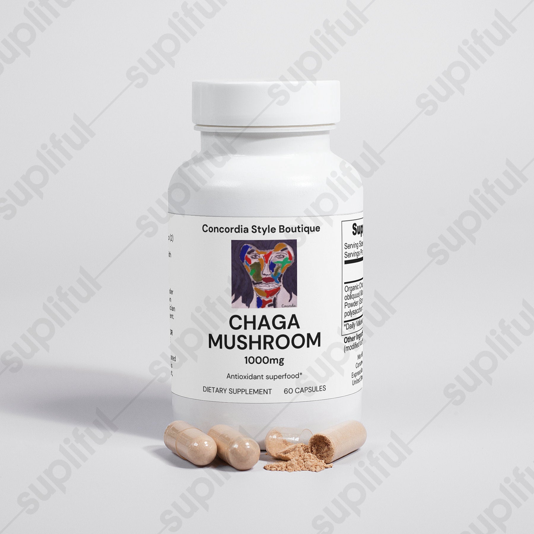 Chaga Mushroom Capsules in a bottle, showcasing the vegan-friendly and organic ingredients for health benefits.