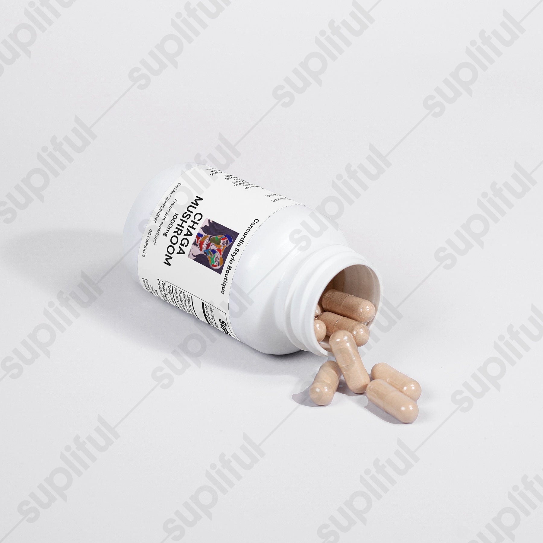 Chaga Mushroom Capsules in a bottle, showcasing the vegan-friendly and organic ingredients for health benefits.