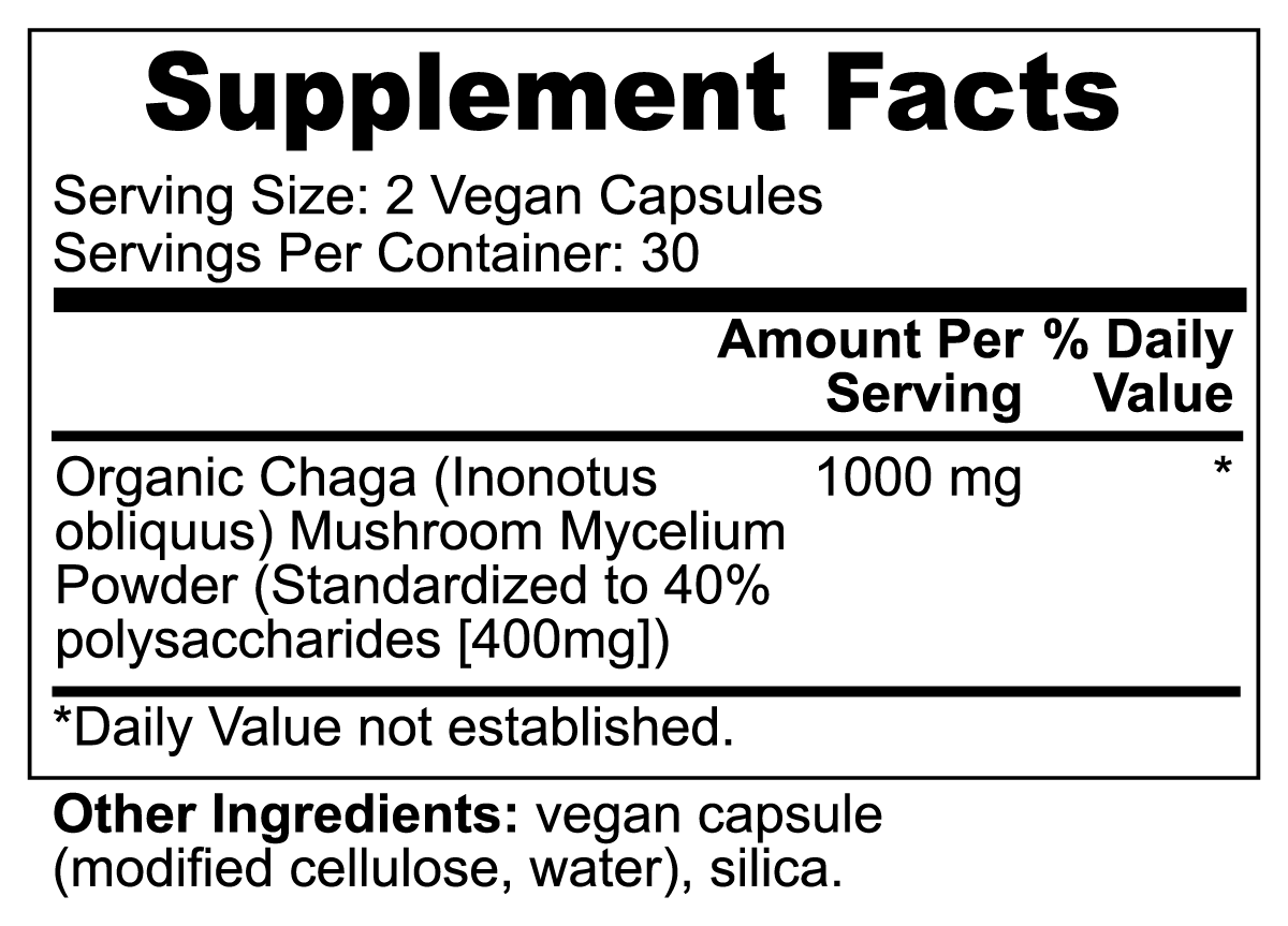 Chaga Mushroom Capsules in a bottle, showcasing the vegan-friendly and organic ingredients for health benefits.