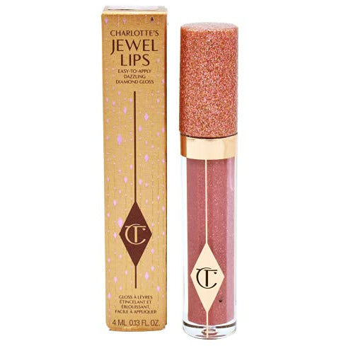 Charlotte's Jewel Lips Lip Gloss in Rose Jewel, showcasing a luxurious pink gloss in a sleek tube.