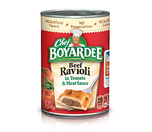 A can of Chef Boyardee Beef Ravioli featuring enriched pasta filled with beef in tomato sauce, ready for a quick meal.