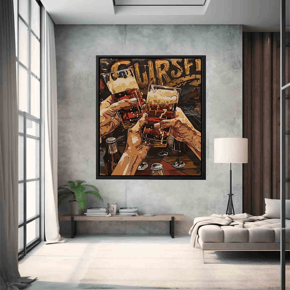 Cheers Framed Print featuring a matte finish, framed in Radiata pine wood with shatterproof plexiglass.