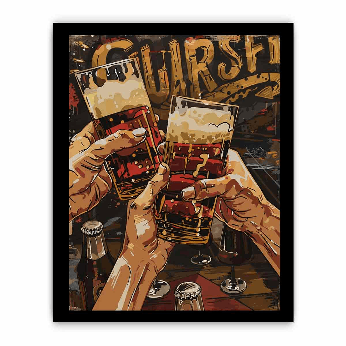 Cheers Framed Print featuring a matte finish, framed in Radiata pine wood with shatterproof plexiglass.