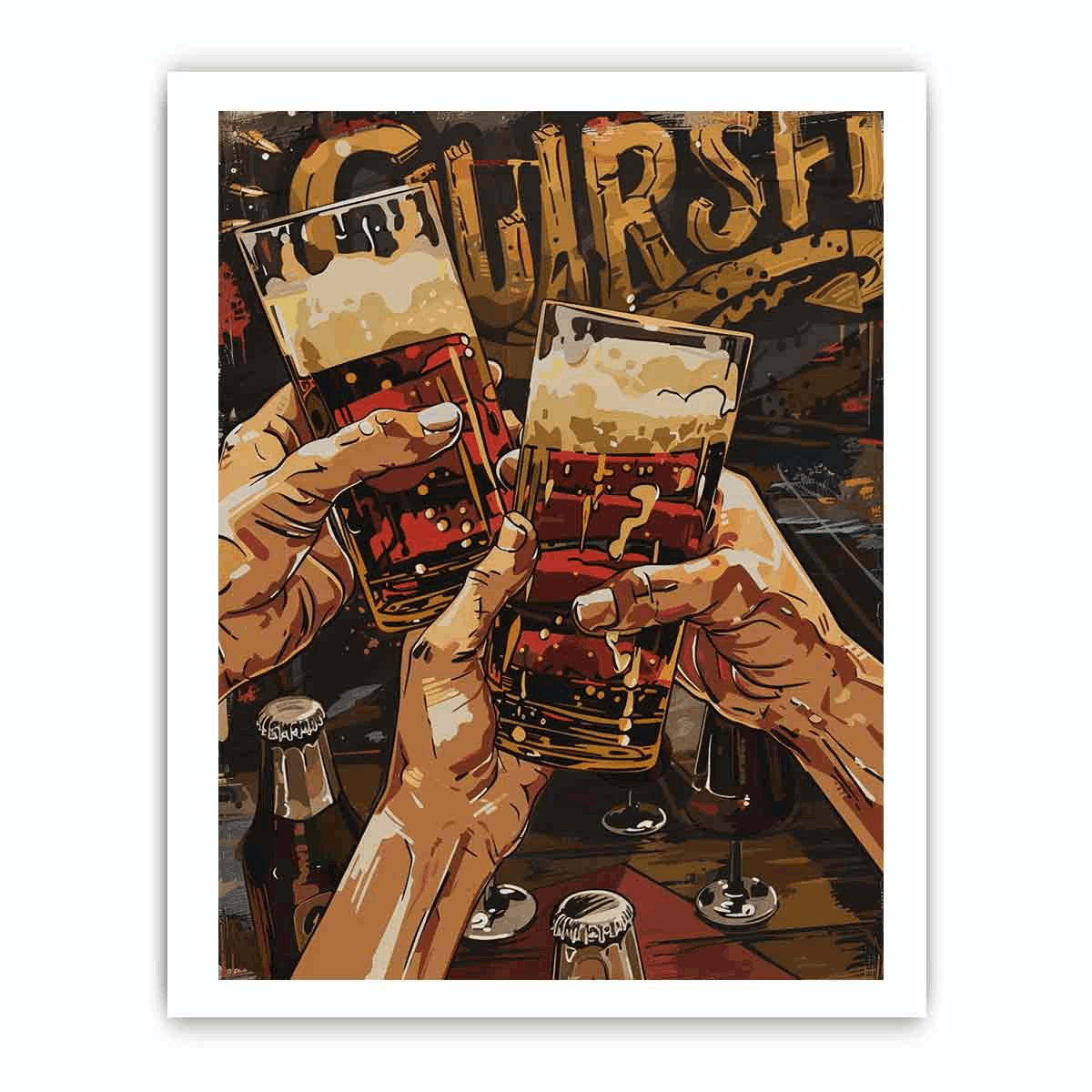Cheers Framed Print featuring a matte finish, framed in Radiata pine wood with shatterproof plexiglass.