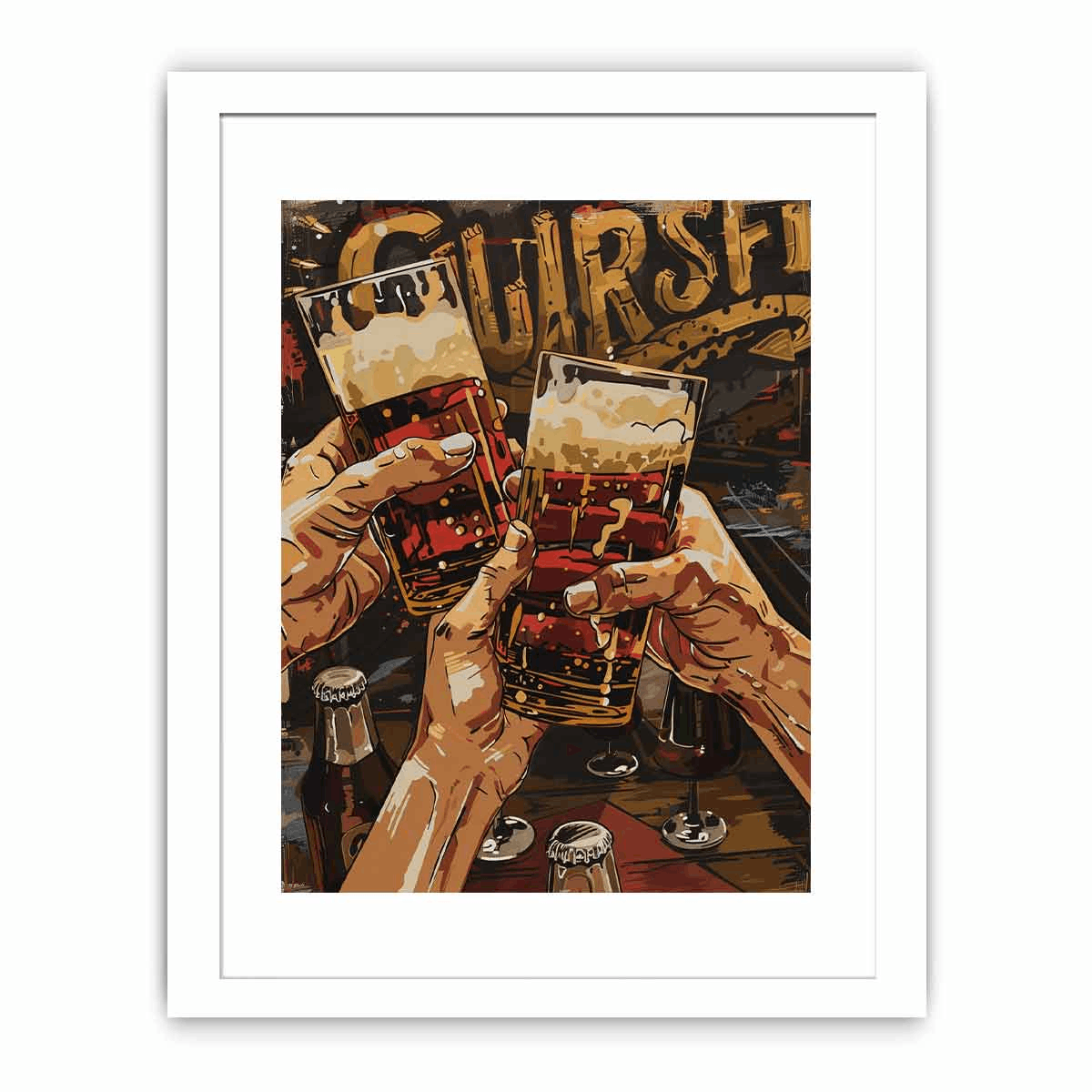 Cheers Framed Print featuring a matte finish, framed in Radiata pine wood with shatterproof plexiglass.