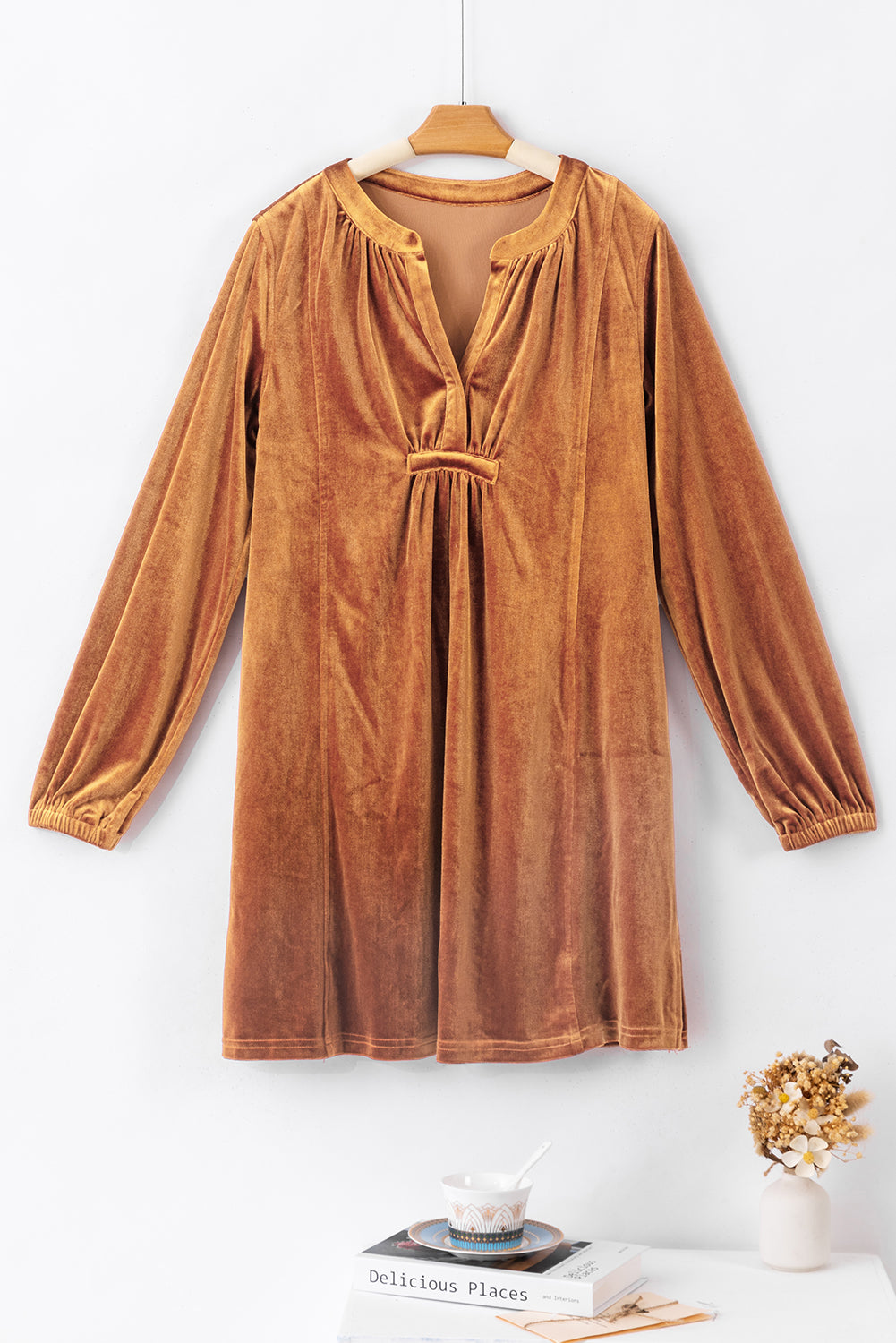 Chestnut Split Neck Velvet Tunic Dress featuring a V-neckline and pockets, made from soft velvet fabric.