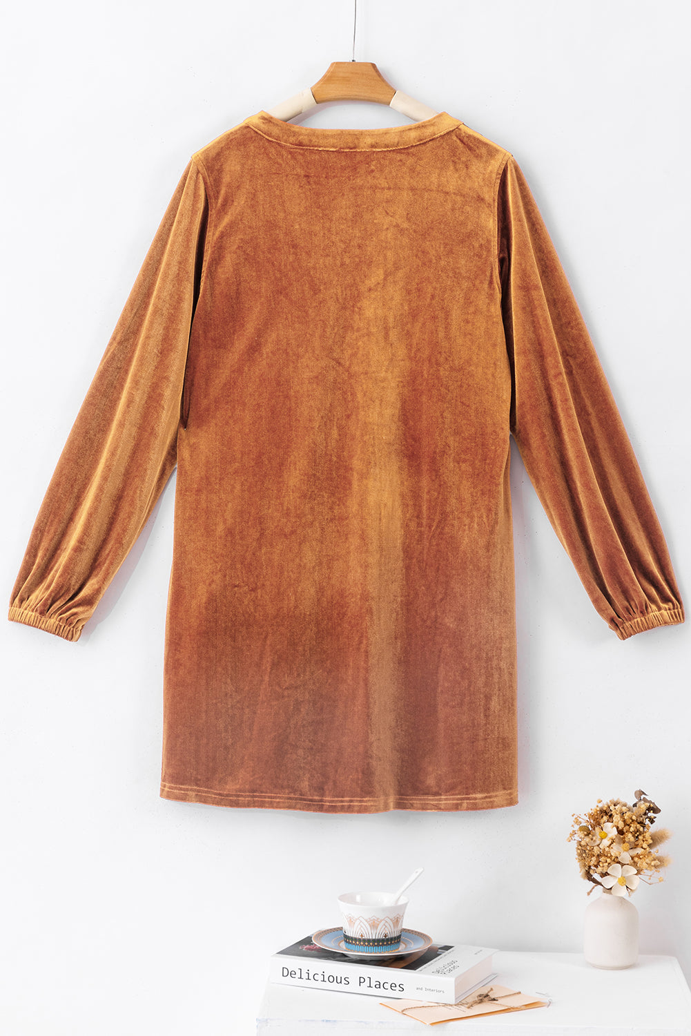 Chestnut Split Neck Velvet Tunic Dress featuring a V-neckline and pockets, made from soft velvet fabric.
