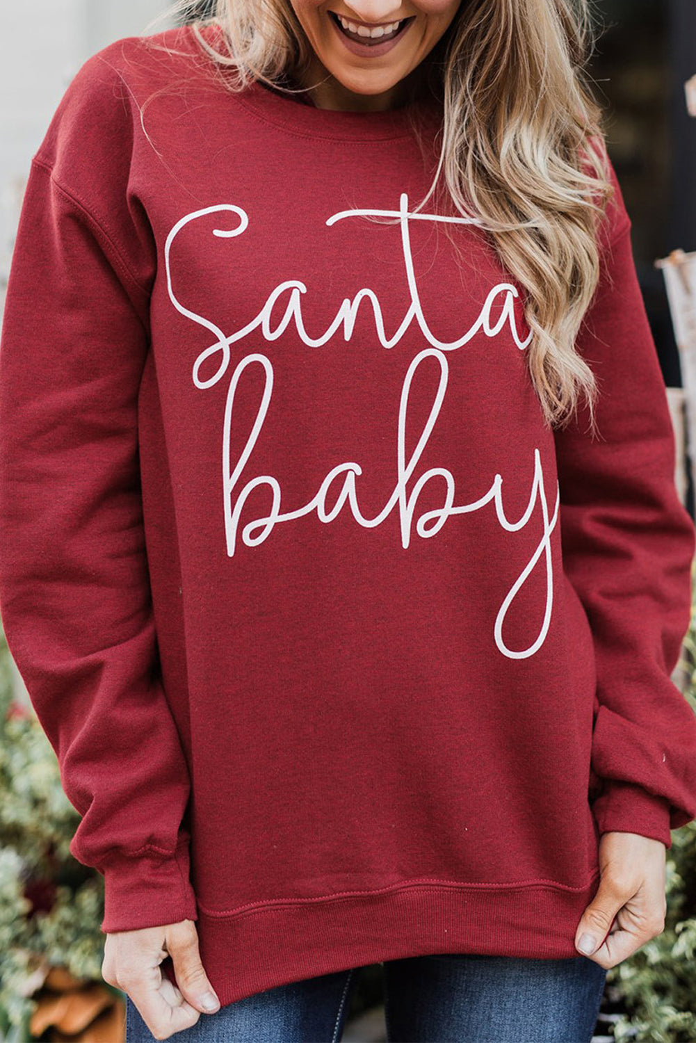 A cozy Christmas Santa Baby Print Pullover Sweatshirt featuring a festive design, long sleeves, and a relaxed fit, perfect for holiday celebrations.